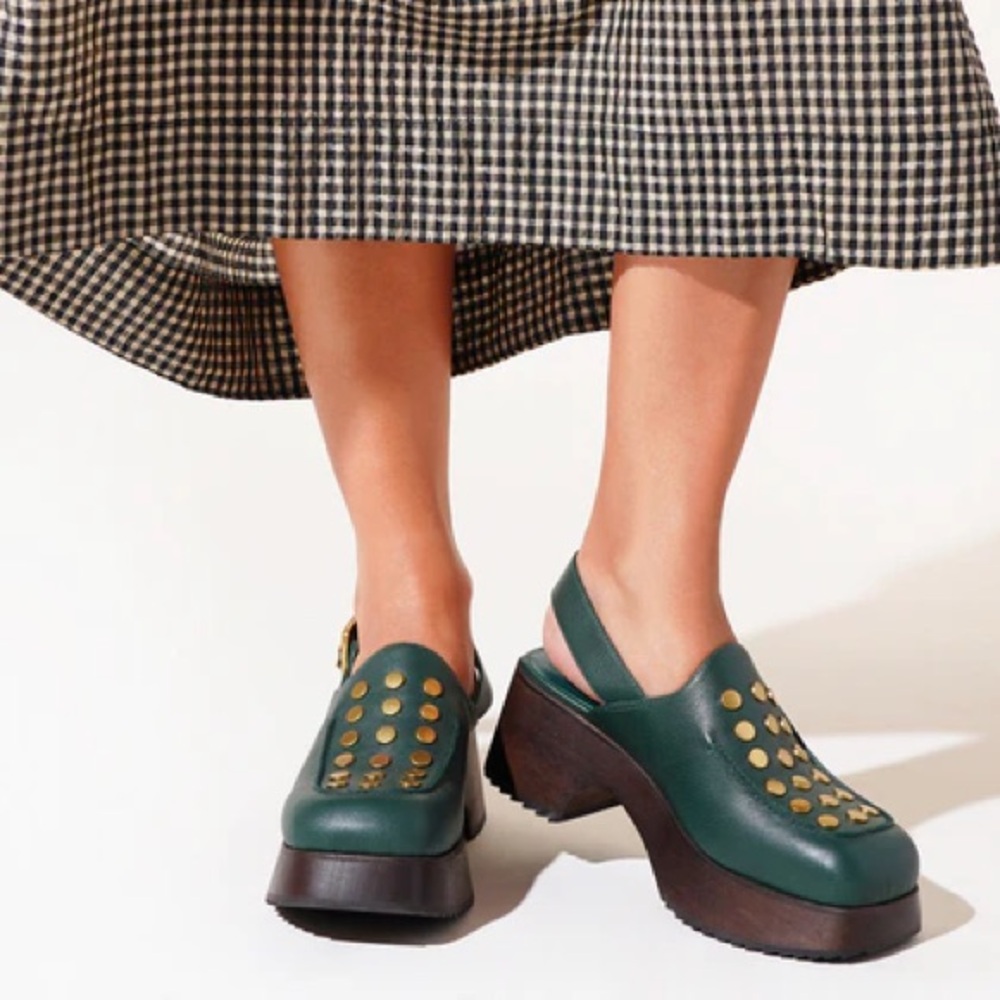 Green studded Charlotte Stone clogs size 9